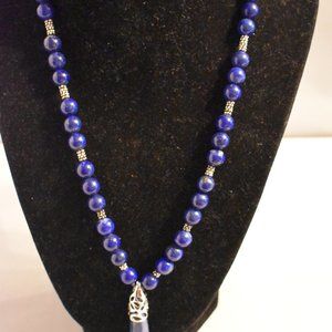 Unique Lapis Lazuli Bead Necklace with Carved Drop Pendant – Sterling Silver